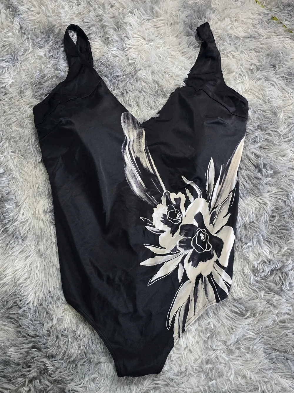 Vintage Black One-Piece Swimsuit with White Floral Print